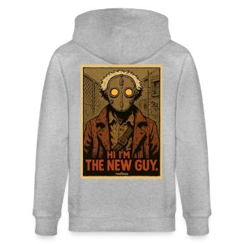Hi ich bin der Neue – Maskierte Figur - Stanley/Stella Unisex Bio-Kapuzenjacke CULTIVATOR  - Grau meliert - Hinten - Luana (180cm)