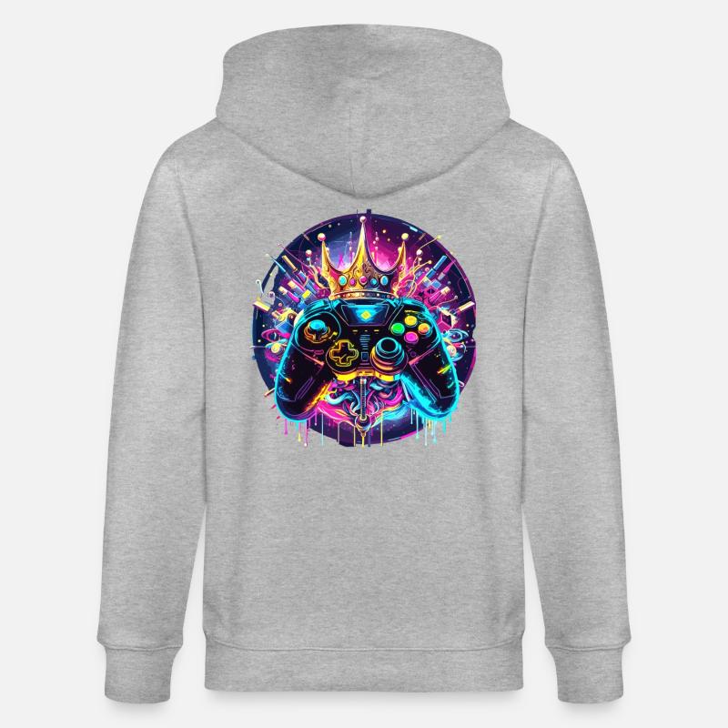 Synthwave Gamer Controller mit Krone - Stanley/Stella Unisex Bio-Kapuzenjacke CULTIVATOR  - Grau meliert