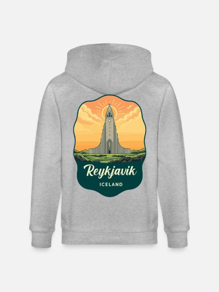 Reykjavik Iceland Retro Sunset Badge - Stanley/Stella CULTIVATOR Unisex Organic Hooded Jacket - heather grey