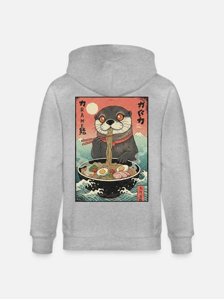 Kawaii Otter Ramen Noodles - Stanley/Stella CULTIVATOR Unisex Organic Hooded Jacket - heather grey