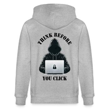 Denke nach bevor du klickst - Cyber Sicherheit - Stanley/Stella Unisex Bio-Kapuzenjacke CULTIVATOR  - Grau meliert - Hinten - Luana (180cm)