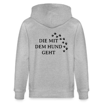 DIE MIT DEM HUND GEHT - HUNDELIEBE - HUNDEFREUND - Stanley/Stella Unisex Bio-Kapuzenjacke CULTIVATOR  - Grau meliert - Hinten - Luana (180cm)