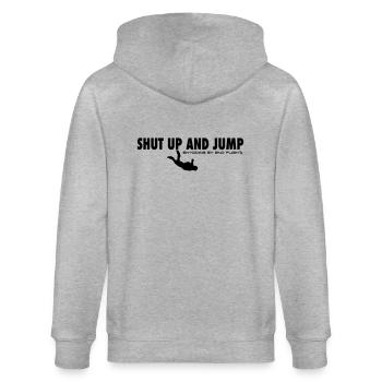 Shut up and jump...unser Slogan im Fallschirmsport - Stanley/Stella Unisex Bio-Kapuzenjacke CULTIVATOR  - Grau meliert - Hinten - Luana (180cm)