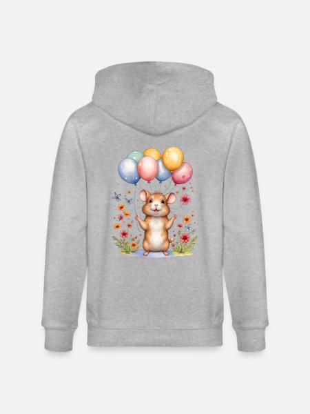 Cute mouse with birthday balloons - Stanley/Stella CULTIVATOR  Unisex Organic Hooded Jacket - heather grey