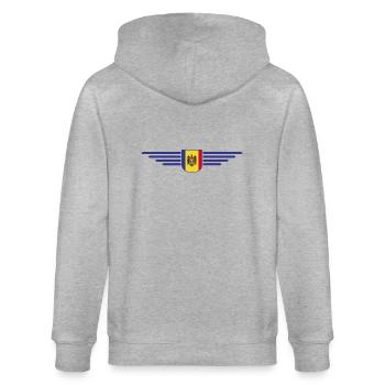 Moldau T-Shirt – Stolz auf Moldawien - Stanley/Stella Unisex Bio-Kapuzenjacke CULTIVATOR  - Grau meliert - Hinten - Luana (180cm)