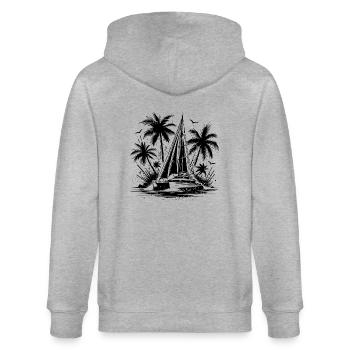 Palmen mit Doppelrumpf Katamaran Segleboot - Stanley/Stella Unisex Bio-Kapuzenjacke CULTIVATOR  - Grau meliert - Hinten - Luana (180cm)