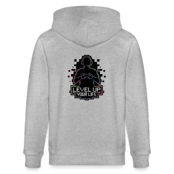 Level Up Your Life – Gamer-Silhouette - Stanley/Stella Unisex Bio-Kapuzenjacke CULTIVATOR  - Grau meliert - Hinten - Luana (180cm)