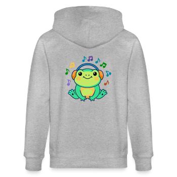 DJ Żabka – musikalischer Frosch - Stanley/Stella Unisex Bio-Kapuzenjacke CULTIVATOR  - Grau meliert - Hinten - Luana (180cm)
