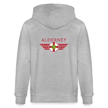 J’aime Aurigny, T-shirt design de style élégance - Veste à capuche bio CULTIVATOR Stanley/Stella Unisexe - gris chiné - Dos - Luana (180cm)