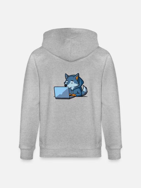Cute hacker wolf sleeps in a hoodie in front of the PC - Stanley/Stella CULTIVATOR  Unisex Organic Hooded Jacket - heather grey