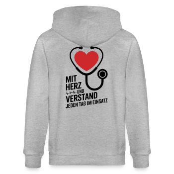 Mit Herz und Verstand Jeden Tag im Einsatz Herz - Stanley/Stella Unisex Bio-Kapuzenjacke CULTIVATOR  - Grau meliert - Hinten - Luana (180cm)