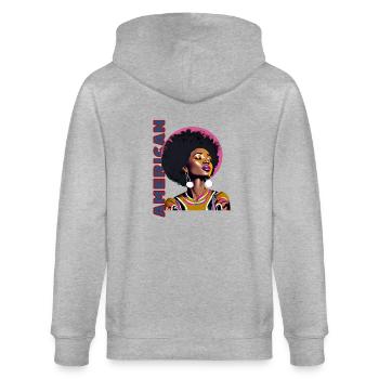Black woman with American lettering - Stanley/Stella CULTIVATOR  Unisex Organic Hooded Jacket - heather grey - Back - Luana (180cm)