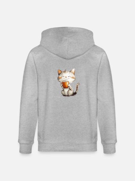 Happy cat with coffee - Stanley/Stella CULTIVATOR Unisex Organic Hooded Jacket - heather grey