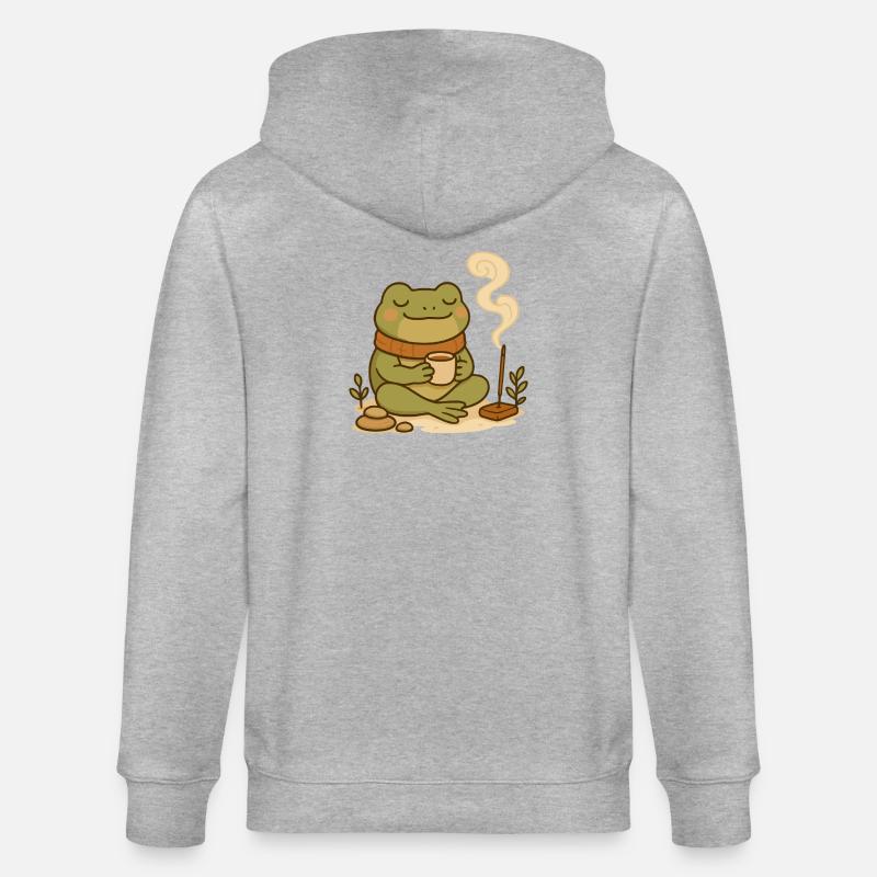 Achtsamer Frosch mit Tee & Räucherstäbchen - Stanley/Stella Unisex Bio-Kapuzenjacke CULTIVATOR - Grau meliert