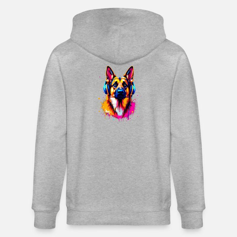 Deutscher Schäferhund mit Kopfhörer - Stanley/Stella Unisex Bio-Kapuzenjacke CULTIVATOR  - Grau meliert