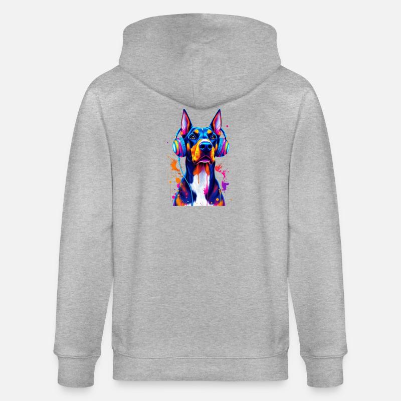 Dobermann mit Kopfhörern - Stanley/Stella Unisex Bio-Kapuzenjacke CULTIVATOR  - Grau meliert