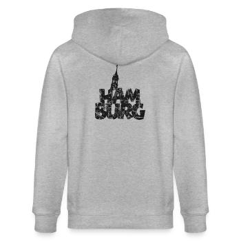 HAMBURG mit Michel (Vintage/Schwarz) - Stanley/Stella Unisex Bio-Kapuzenjacke CULTIVATOR  - Grau meliert - Hinten - Luana (180cm)