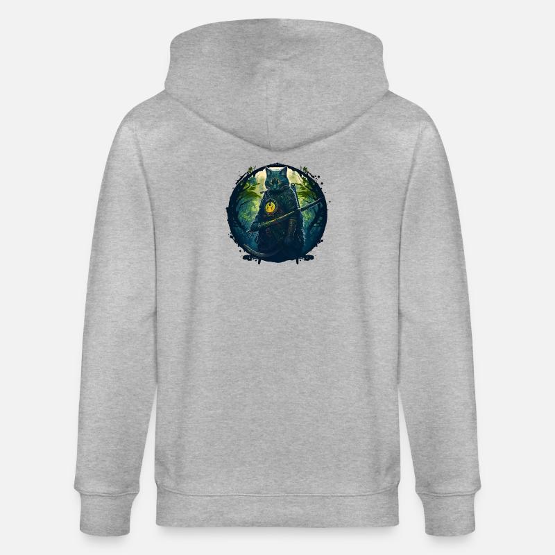 Katze als Samurai in Wald - Stanley/Stella Unisex Bio-Kapuzenjacke CULTIVATOR  - Grau meliert