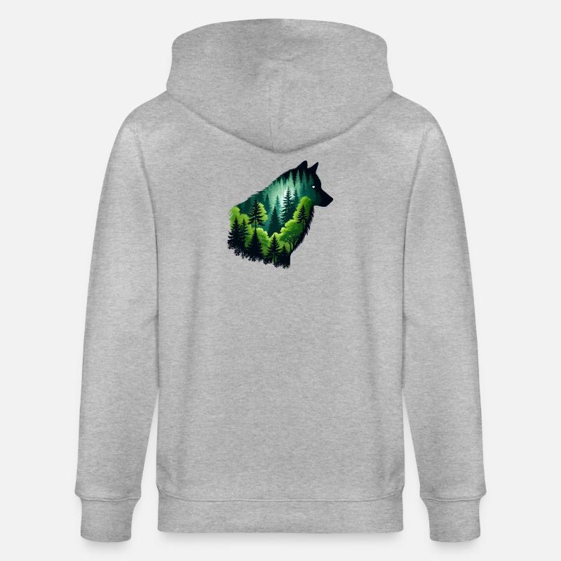 Silhouette Wolf mit grünem Wald - Stanley/Stella Unisex Bio-Kapuzenjacke CULTIVATOR  - Grau meliert