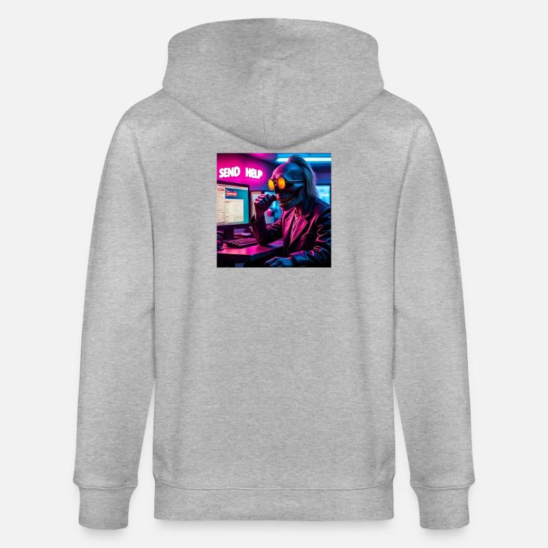 Cyberpunk Neon-Skull Hacker Send Help Design - Stanley/Stella Unisex Bio-Kapuzenjacke CULTIVATOR  - Grau meliert