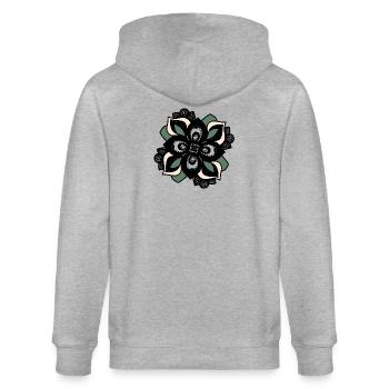 Blütenmandala Grün-Peach - Stanley/Stella Unisex Bio-Kapuzenjacke CULTIVATOR  - Grau meliert - Hinten - Luana (180cm)