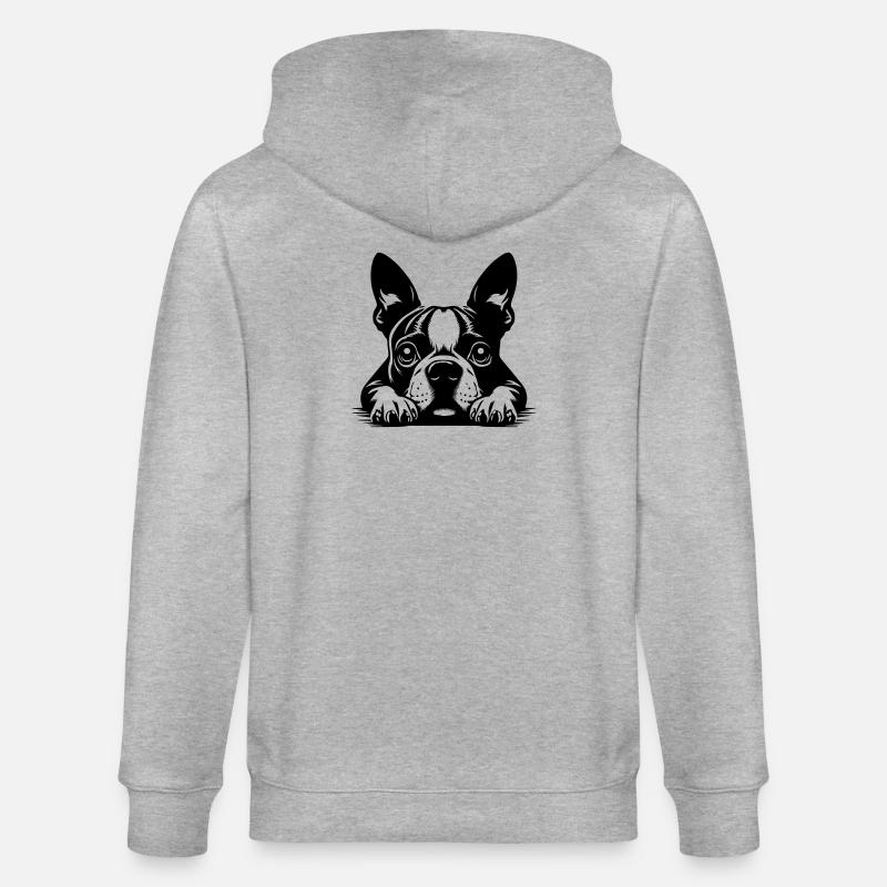 Boston Terrier Kopf mit Pfoten - Stanley/Stella Unisex Bio-Kapuzenjacke CULTIVATOR  - Grau meliert