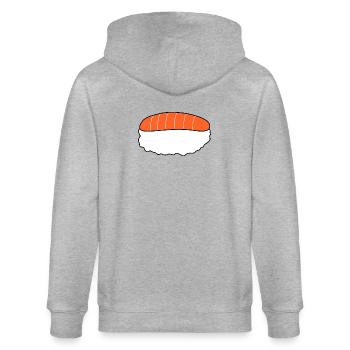 Nigiri,Lachs,Fisch, Reis, Japan Küche - Stanley/Stella Unisex Bio-Kapuzenjacke CULTIVATOR  - Grau meliert - Hinten - Luana (180cm)