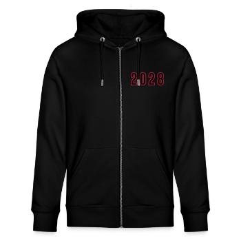 2028 Jahr Zahl - Stanley/Stella Unisex Bio-Kapuzenjacke CULTIVATOR  - Schwarz - Vorne - Nico (186cm) & Anna (173cm)