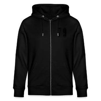 79 Zahl Symbol - Stanley/Stella Unisex Bio-Kapuzenjacke CULTIVATOR  - Schwarz - Vorne - Nico (186cm) & Anna (173cm)