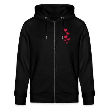 sechs rote Herzen - Stanley/Stella Unisex Bio-Kapuzenjacke CULTIVATOR  - Schwarz - Vorne - Nico (186cm) & Anna (173cm)