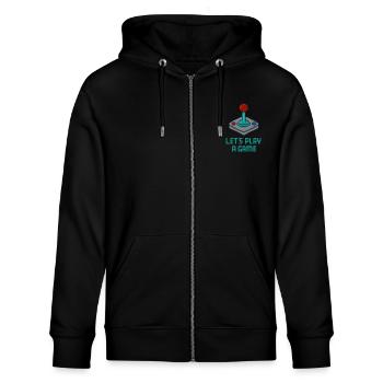 Gaming Pixel-Art Retro-Arcade - Stanley/Stella Unisex Bio-Kapuzenjacke CULTIVATOR  - Schwarz - Vorne - Nico (186cm) & Anna (173cm)