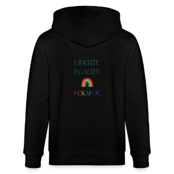 LIBERTÉ EGALITÉ FCKAFDÉ - Regenbogen Design FCKAFD - Stanley/Stella Unisex Bio-Kapuzenjacke CULTIVATOR  - Schwarz - Hinten - Anna (173cm)