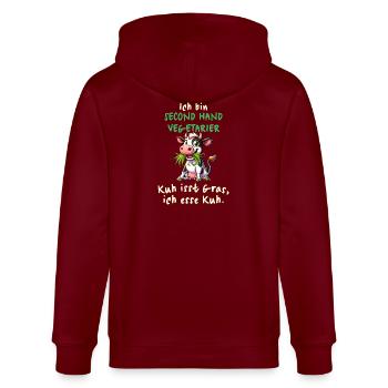Second Hand Vegetarier – Lustiges Kuh-Design - Stanley/Stella Unisex Bio-Kapuzenjacke CULTIVATOR  - Burgunderrot - Hinten - Anna (173cm)
