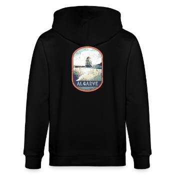 Badge retro, Algarve Portugal, plage été soleil - Veste à capuche bio CULTIVATOR Stanley/Stella Unisexe - noir - Dos - Anna (173cm)