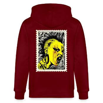 Wilde Punk Frau mit Iro und Wut auf Briefmarke - Stanley/Stella Unisex Bio-Kapuzenjacke CULTIVATOR  - Burgunderrot - Hinten - Anna (173cm)