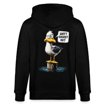 Watt guckst du? Lustige Möwe – Küstenhumor - Stanley/Stella Unisex Bio-Kapuzenjacke CULTIVATOR  - Schwarz - Hinten - Anna (173cm)