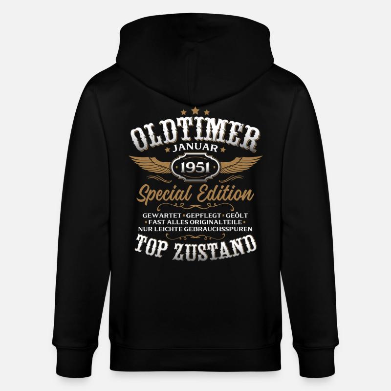 75. Geburtstag Geschenk Oldtimer Januar 1951 - Stanley/Stella Unisex Bio-Kapuzenjacke CULTIVATOR  - Schwarz