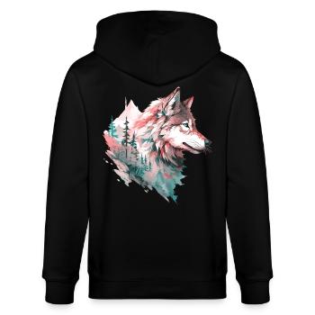 Wolf Wolfskopf Wald Natur Berge Wildnis Bunt - Stanley/Stella Unisex Bio-Kapuzenjacke CULTIVATOR  - Schwarz - Hinten - Anna (173cm)