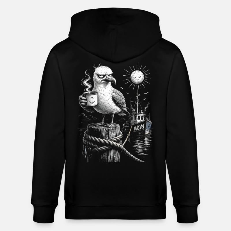 MOIN – Grumpy Seagull with Coffee - Stanley/Stella CULTIVATOR Unisex Organic Hooded Jacket - black