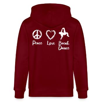 Peace Love Break Dance - Stanley/Stella Unisex Bio-Kapuzenjacke CULTIVATOR  - Burgunderrot - Hinten - Anna (173cm)