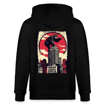 Funny chimpanzee climbs skyscraper - Stanley/Stella CULTIVATOR  Unisex Organic Hooded Jacket - black - Back - Anna (173cm)