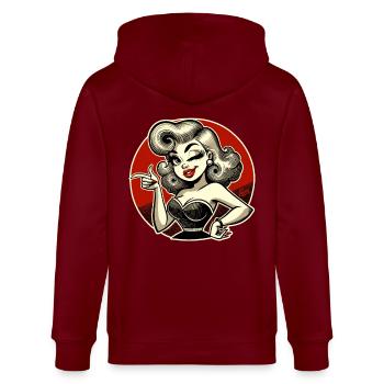 Retro-Blondine mit Zwinkern und Schnipsen - Stanley/Stella Unisex Bio-Kapuzenjacke CULTIVATOR  - Burgunderrot - Hinten - Anna (173cm)