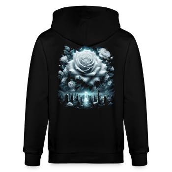 Mystische Weiße Rose und Friedhof – Dark Fantasy - Stanley/Stella Unisex Bio-Kapuzenjacke CULTIVATOR  - Schwarz - Hinten - Anna (173cm)