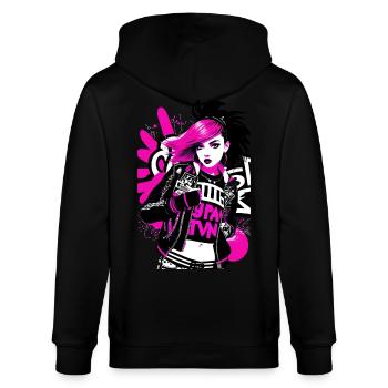 Urban Punk Straßenkunst mit neonpinken Akzenten - Stanley/Stella Unisex Bio-Kapuzenjacke CULTIVATOR  - Schwarz - Hinten - Anna (173cm)
