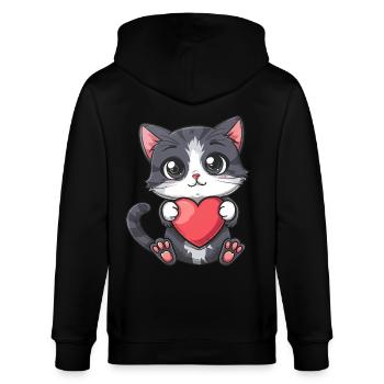 Cute Kitten Holding Heart with Big Eyes and Pink - Stanley/Stella CULTIVATOR  Unisex Organic Hooded Jacket - black - Back - Anna (173cm)