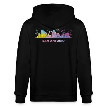 San Antonian Skyline San Antonio - Stanley/Stella Unisex Bio-Kapuzenjacke CULTIVATOR  - Schwarz - Hinten - Anna (173cm)