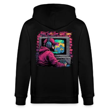 Retro gaming zocken vintage nostalgie - Stanley/Stella Unisex Bio-Kapuzenjacke CULTIVATOR  - Schwarz - Hinten - Anna (173cm)