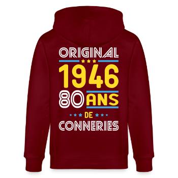 Original – 1946 – 80 Jahre - Stanley/Stella Unisex Bio-Kapuzenjacke CULTIVATOR  - Burgunderrot - Hinten - Anna (173cm)