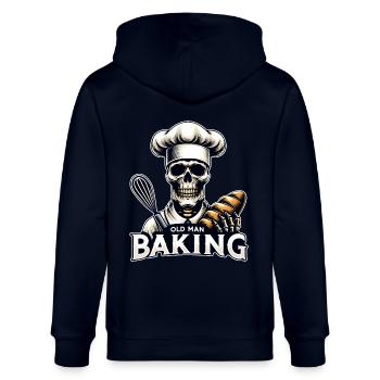 Old Man Baking Skull mit Bäckermütze backt Brot - Stanley/Stella Unisex Bio-Kapuzenjacke CULTIVATOR  - Navy - Hinten - Anna (173cm)