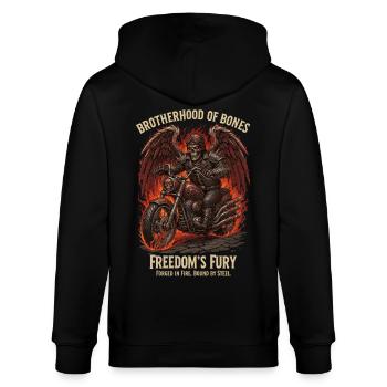 Biker Skelett, Motorrad und Flammen - Halloween - Stanley/Stella Unisex Bio-Kapuzenjacke CULTIVATOR  - Schwarz - Hinten - Anna (173cm)